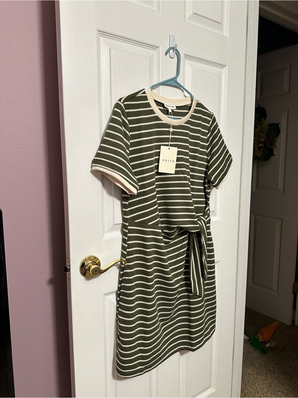entro Large NWT Olive & Cream Striped Tie-Waist Short Sleeve Dress - Picture 3 of 4